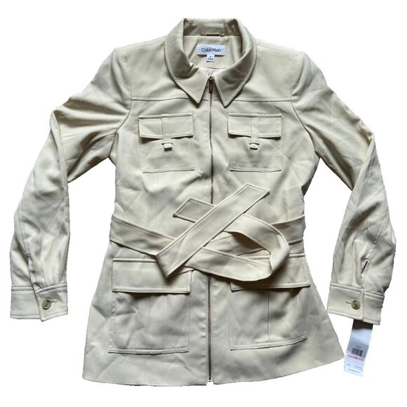 New Women's Calvin Klein Belted Full Zip Suit Blazer Size 10 Wheat MSRP $149 - Picture 1 of 6